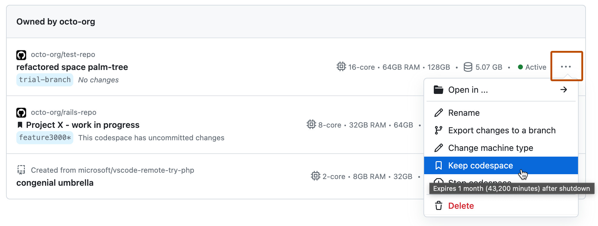 Screenshot des Dropdownmenüs für einen aktiven Codespace. Für die Option „Codespace beibehalten“ wird eine QuickInfo mit dem Hinweis angezeigt, dass der Codespace zehn Tage nach dem Herunterfahren abläuft.
