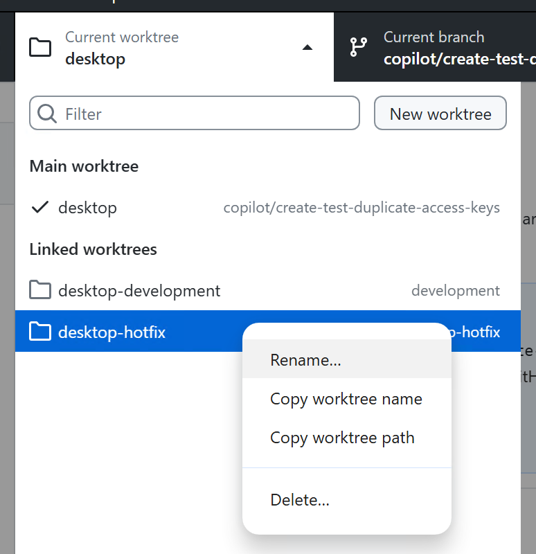 Screenshot eines Kontextmenüs für ein Arbeitsstrukturelement in Windows mit den Optionen "Umbenennen", "Name kopieren", "Pfad kopieren" und "Löschen".