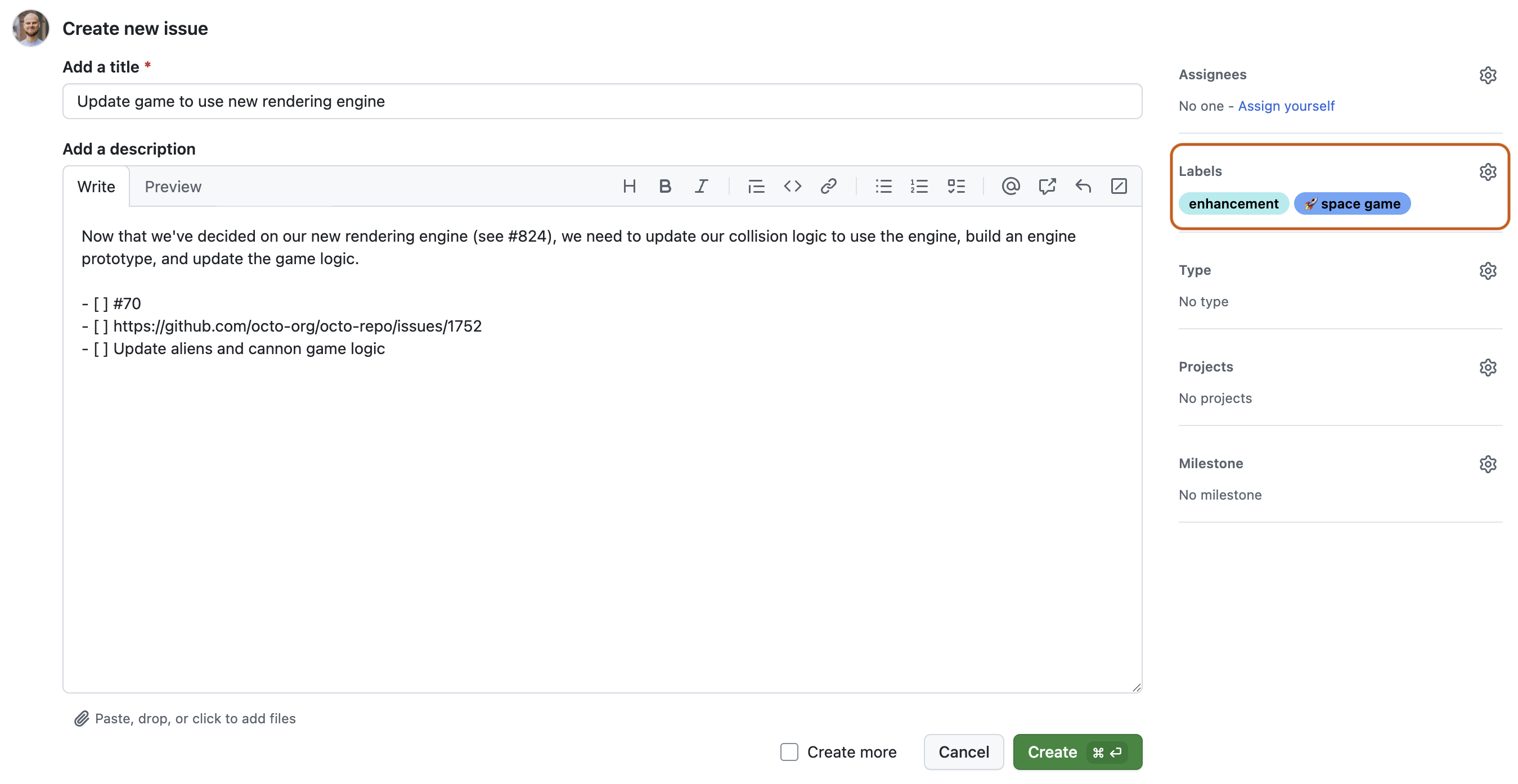 Screenshot of the new issue form. In the right sidebar, the "Labels" section is outlined in dark orange.