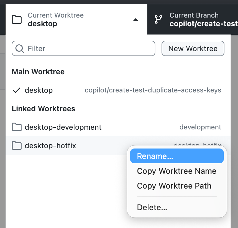 Screenshot eines Kontextmenüs für ein Arbeitsstrukturelement auf einem Mac mit den Optionen "Umbenennen", "Name kopieren", "Pfad kopieren" und "Löschen".