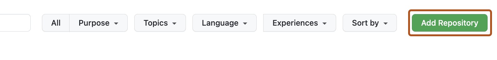 Capture d’écran d’une ligne de boutons et de menus déroulants. Le bouton « Ajouter un dépôt » est encadré en orange foncé.