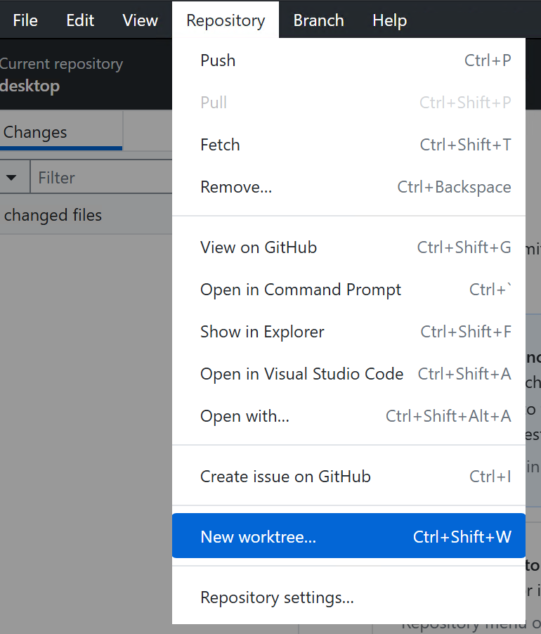 Screenshot des Dropdownmenüs "Repository" auf Windows. Die Option „Neuer Worktree“ ist blau hervorgehoben.
