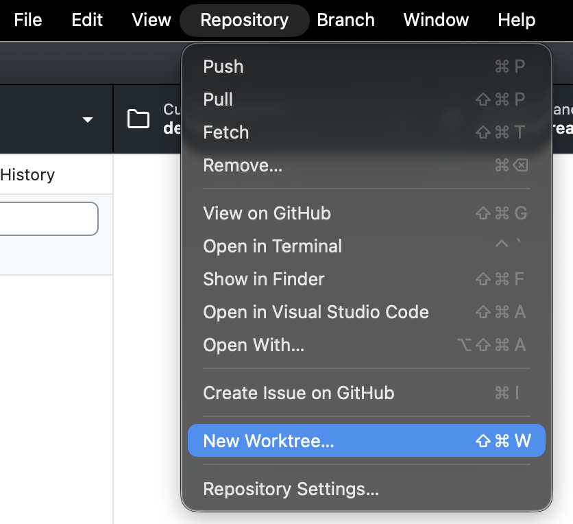 Screenshot des Dropdownmenüs "Repository" auf einem Mac. Die Option „Neuer Worktree“ ist blau hervorgehoben.