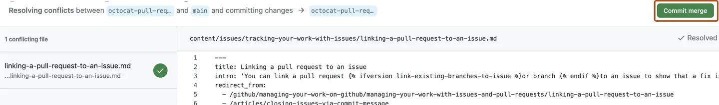 Screenshot of the editor to resolve a merge conflict in a pull request. The "Commit merge" button is outlined in dark orange.