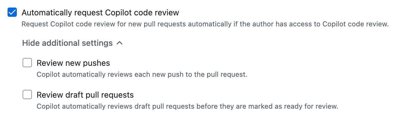 Captura de tela da opção do conjunto de regras de branch "Solicitar automaticamente Revisão de código do Copilot".