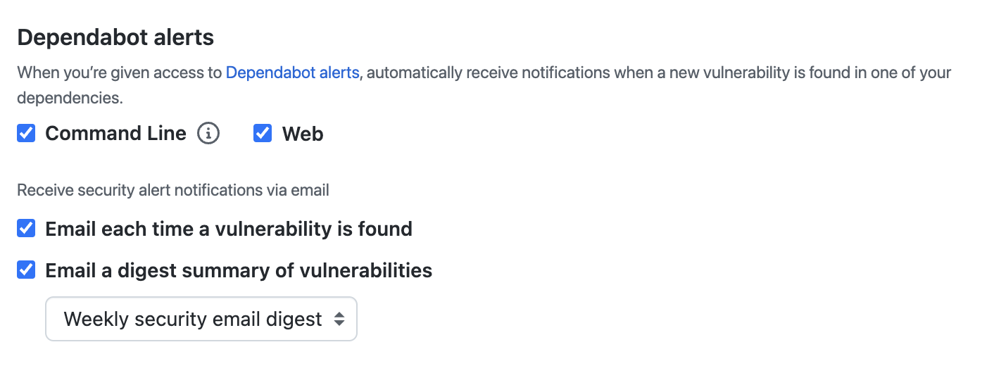 Captura de pantalla de las opciones de notificación para Dependabot alerts.