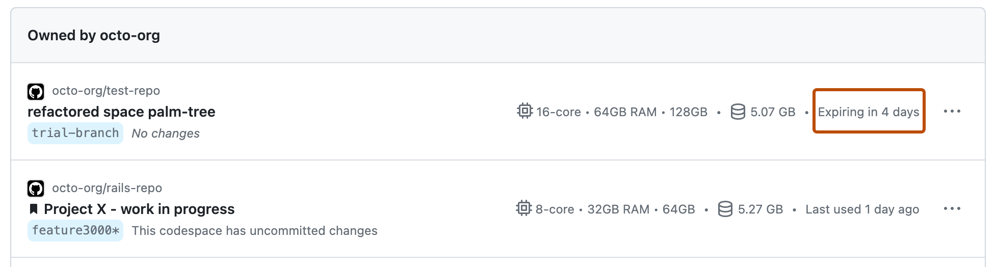 Screenshot einer Liste mit drei Codespaces. Der dritte Codespace ist mit „Läuft ab in 4 Tagen“ bezeichnet. Die Bezeichnung ist dunkelorange umrandet.