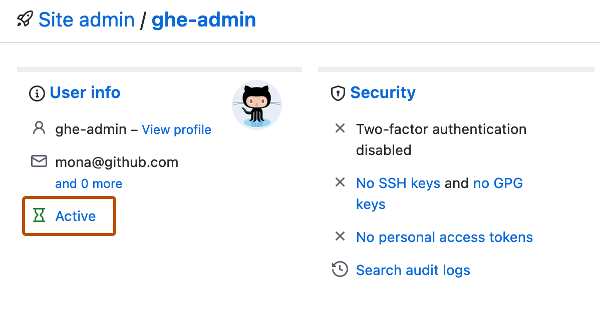 用户的“User info”部分的屏幕截图。 “用户信息”标题被标出。 在标题下,用户被标记为活动状态。
