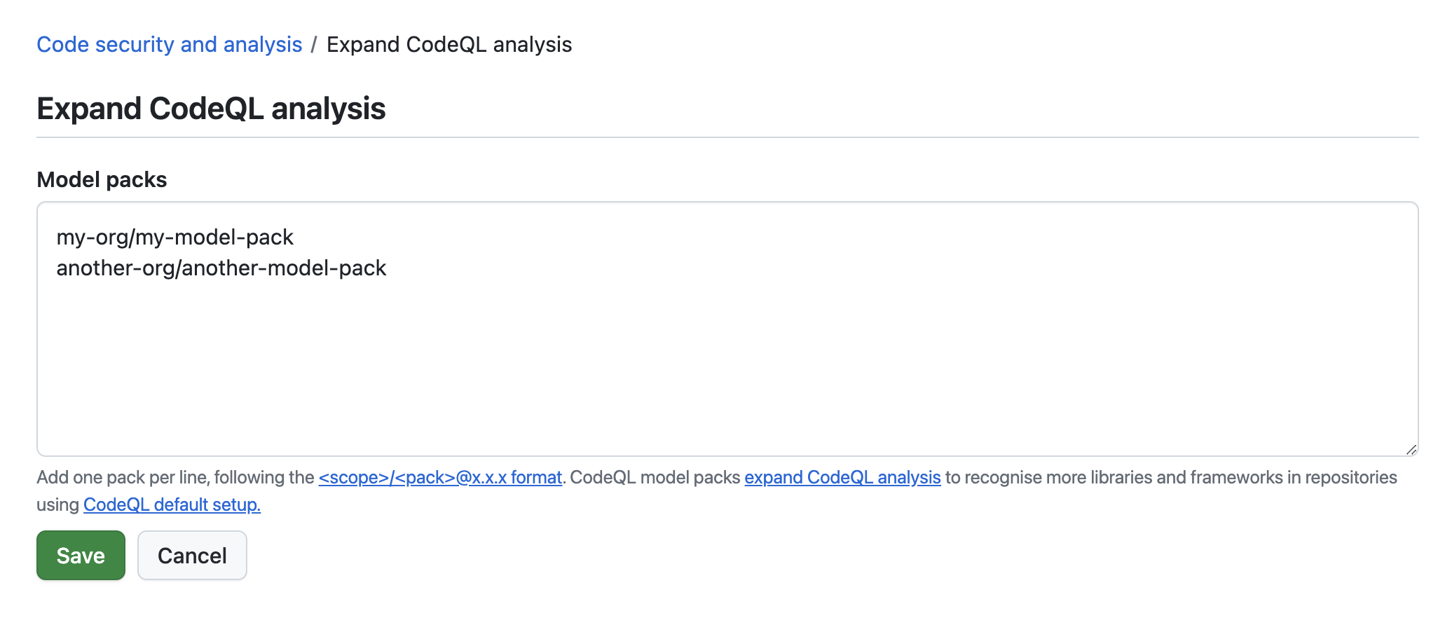 조직의 설정에 "CodeQL 분석 확장" 보기 스크린샷