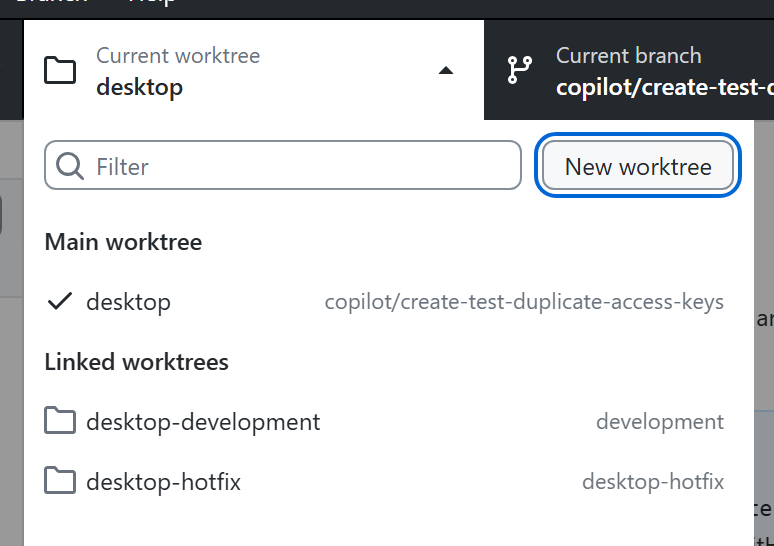 Screenshot des Dropdown-Menüs „worktree“ unter Windows. Im aufgeklappten Dropdown-Menü „Worktree“ ist die Schaltfläche „New worktree“ blau hervorgehoben.