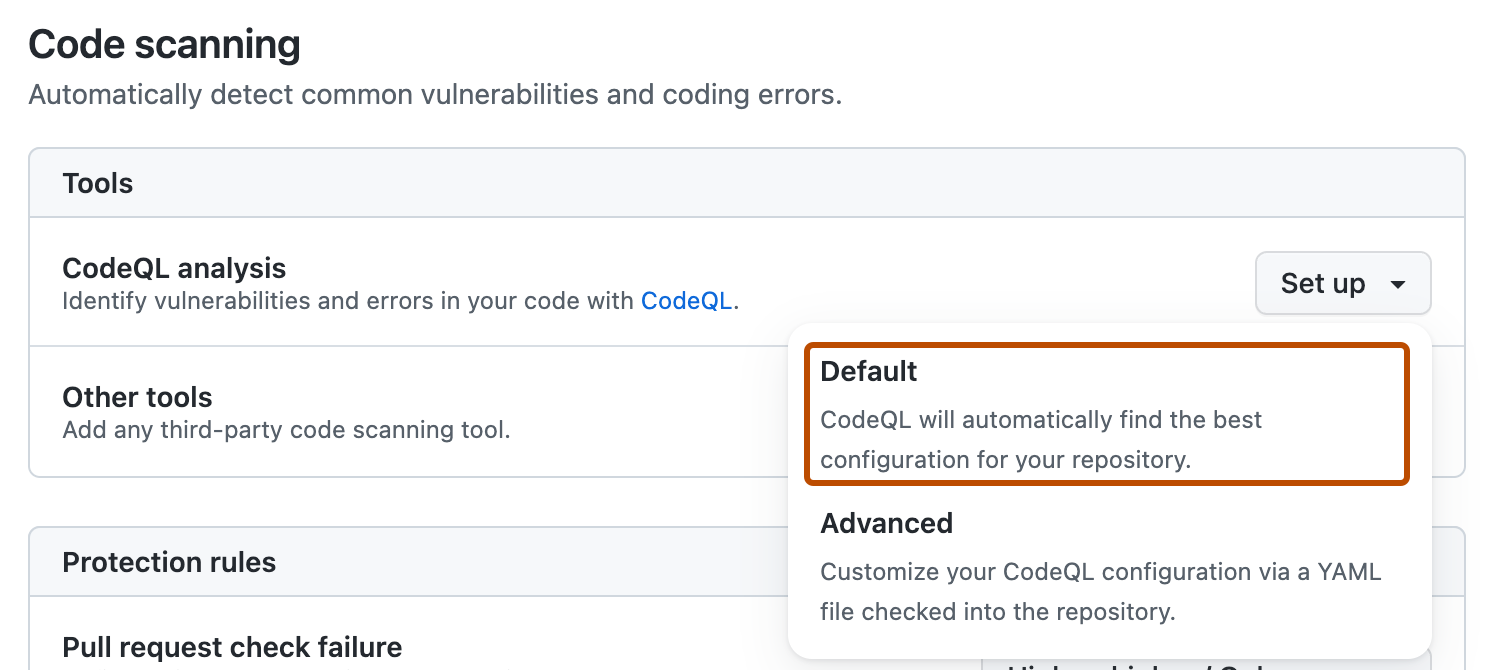 “Code scanning”设置的“Advanced Security”部分的屏幕截图。 “默认设置”按钮以橙色轮廓突出显示。