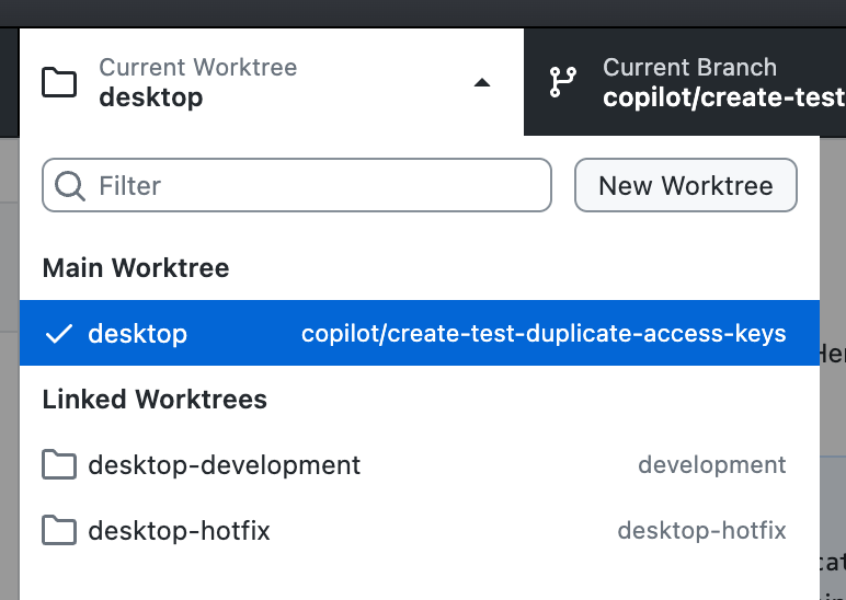Screenshot des Worktree-Dropdowns mit den Gruppen „Haupt-Worktree“ und „Verknüpfte Worktrees“ sowie einem Häkchen neben dem aktiven Worktree.