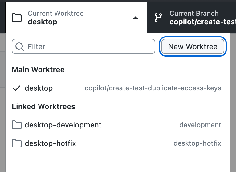 Screenshot des Dropdown-Menüs „Worktree“ auf einem Mac. Im erweiterten „Worktree“-Dropdown-Menü ist die Schaltfläche „New Worktree“ blau hervorgehoben.
