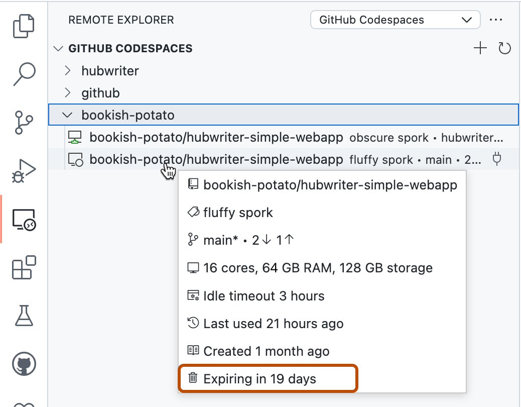 Screenshot der Randleiste „Remote-Explorer“. Im Kontextmenü für einen Codespace ist „Läuft ab in 19 Tagen“ orange umrandet.