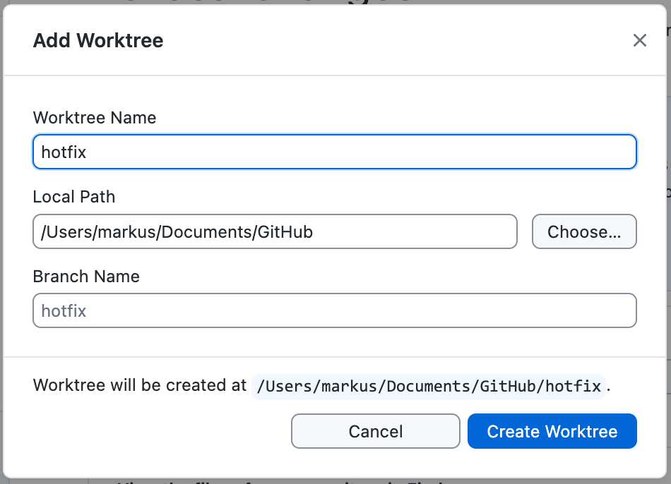 Screenshot des Dialogfelds „Worktree hinzufügen“ auf einem Mac mit den Feldern für Name, Pfad und Branch.