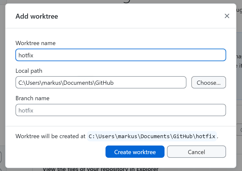 Screenshot des Dialogfelds „Arbeitsbaum hinzufügen“ unter Windows mit den Feldern für Name, Pfad und Branch.