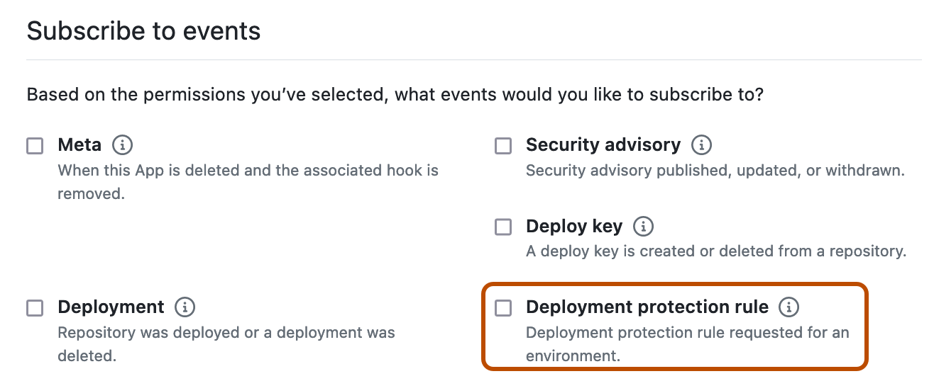 Screenshot des Abschnitts „Ereignisse abonnieren“ für eine neue GitHub-App. Das Kontrollkästchen für die Regel zum Schutz der Bereitstellung ist orange umrandet.