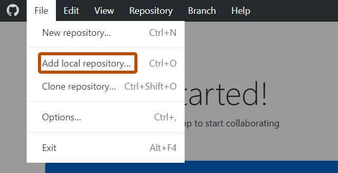 Windows 上的菜单栏的屏幕截图。 “文件”下拉菜单随即打开,标有“添加本地仓库”的选项以橙色边框显示。
