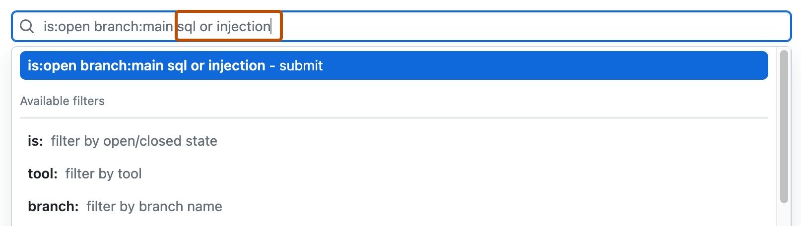 警报视图中搜索字段的屏幕截图。 该字段具有预定义的筛选器“is: open branch:main”,并突出显示了“sql 或注入”的自由文本 